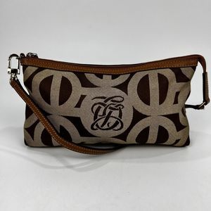 Louis Quatorze Mini Handbag Monogram Logo Tan‎ Leather Trim Baguette Purse